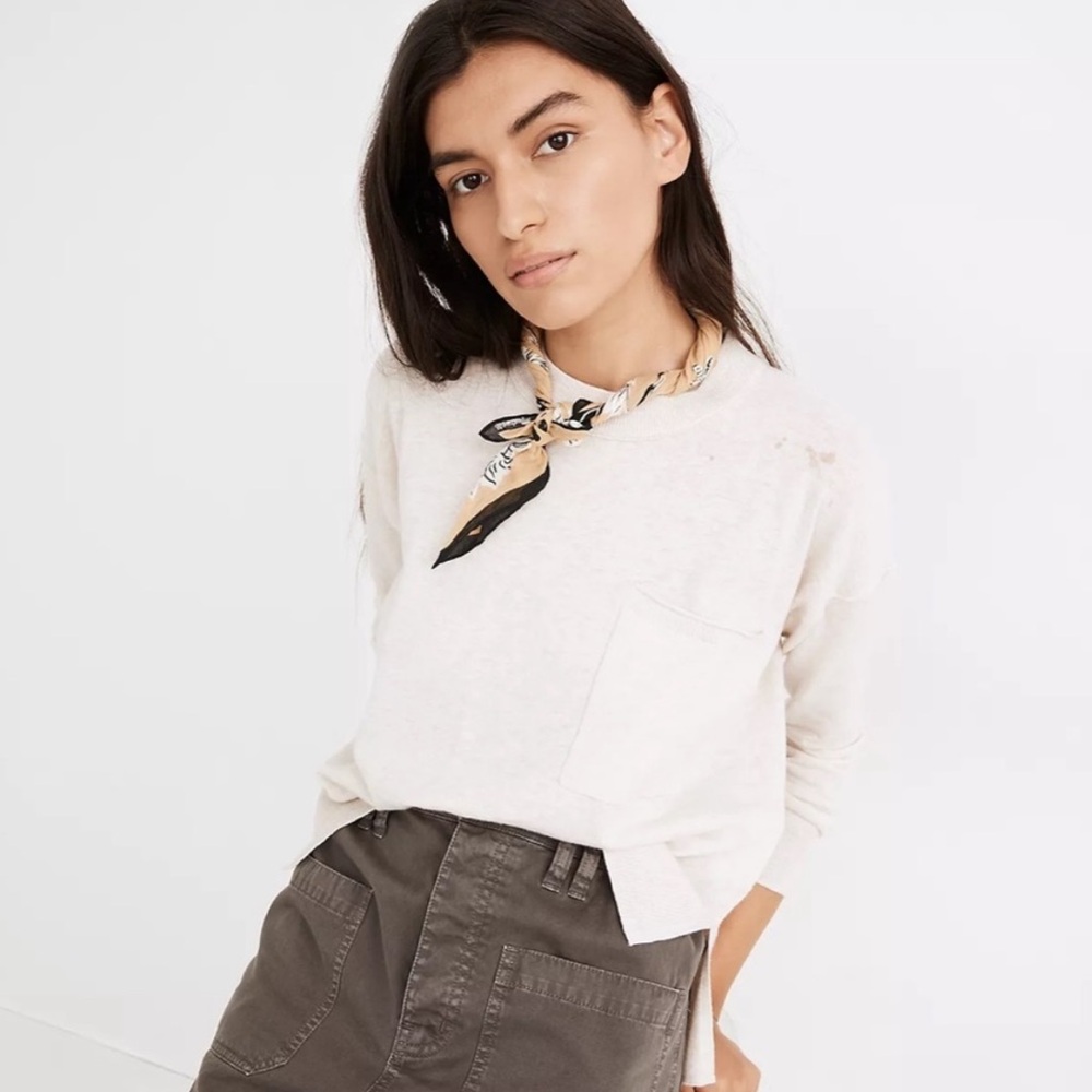 Madewell Cream Linen Lightweight Pocket Pullover Crewneck Sweater XL